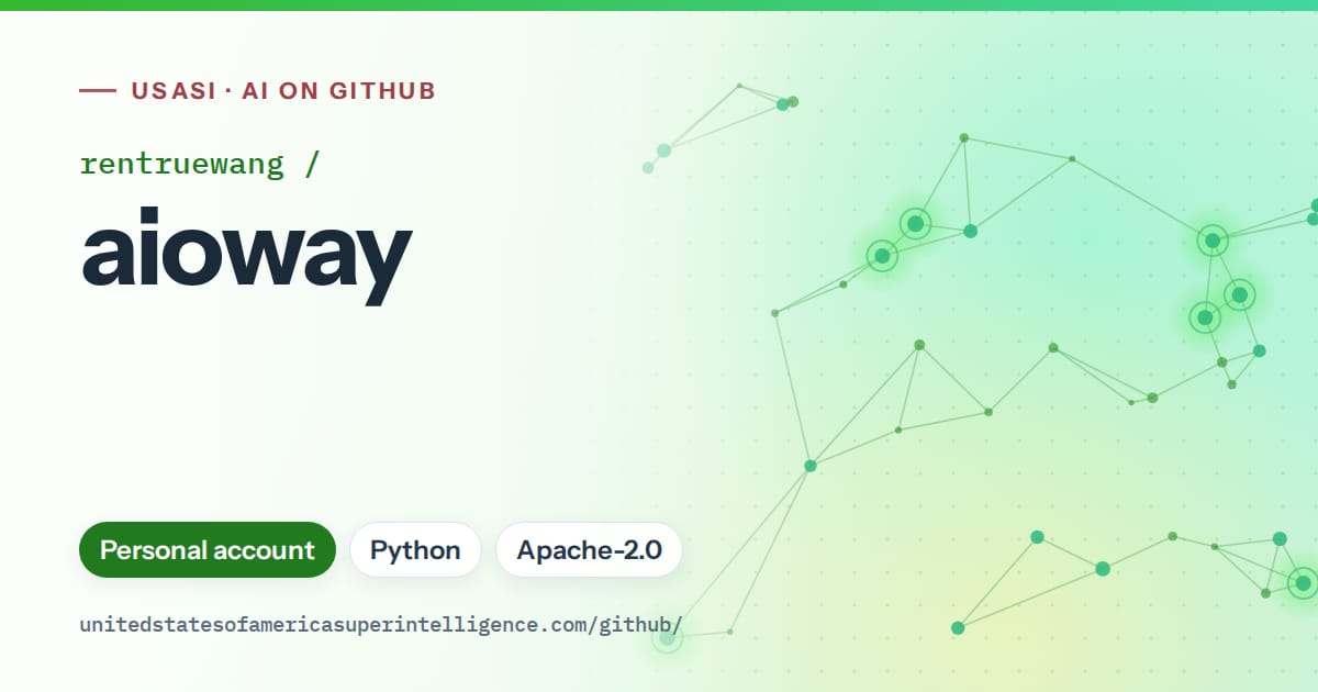 Generated green constellation network artwork for rentruewang/aioway, labeled USASI · AI on GitHub, with Personal account · Python · Apache-2.0.
