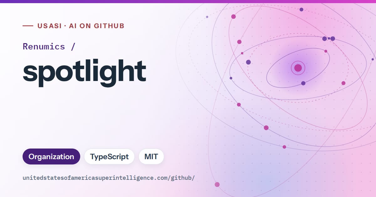 Generated violet orbit artwork for Renumics/spotlight, labeled USASI · AI on GitHub, with Organization · TypeScript · MIT.