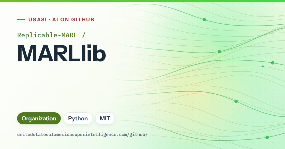 Generated green flowing-wave artwork for Replicable-MARL/MARLlib, labeled USASI · AI on GitHub, with Organization · Python · MIT.