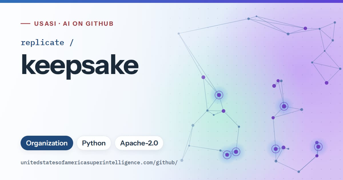 Generated sky blue constellation network artwork for replicate/keepsake, labeled USASI · AI on GitHub, with Organization · Python · Apache-2.0.