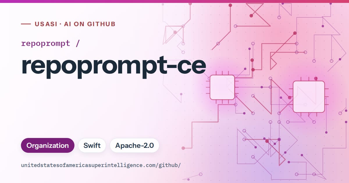 Generated purple circuit-trace artwork for repoprompt/repoprompt-ce, labeled USASI · AI on GitHub, with Organization · Swift · Apache-2.0.