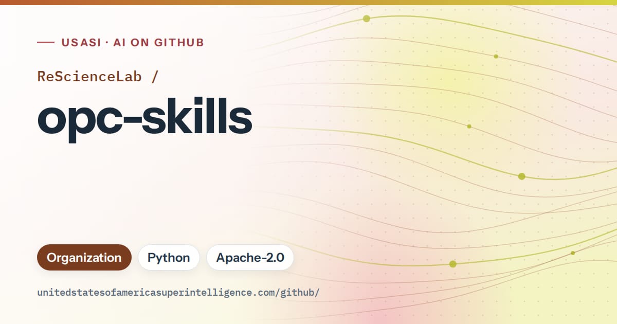 Generated orange flowing-wave artwork for ReScienceLab/opc-skills, labeled USASI · AI on GitHub, with Organization · Python · Apache-2.0.
