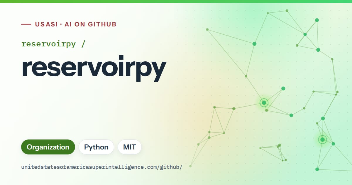 Generated green constellation network artwork for reservoirpy/reservoirpy, labeled USASI · AI on GitHub, with Organization · Python · MIT.