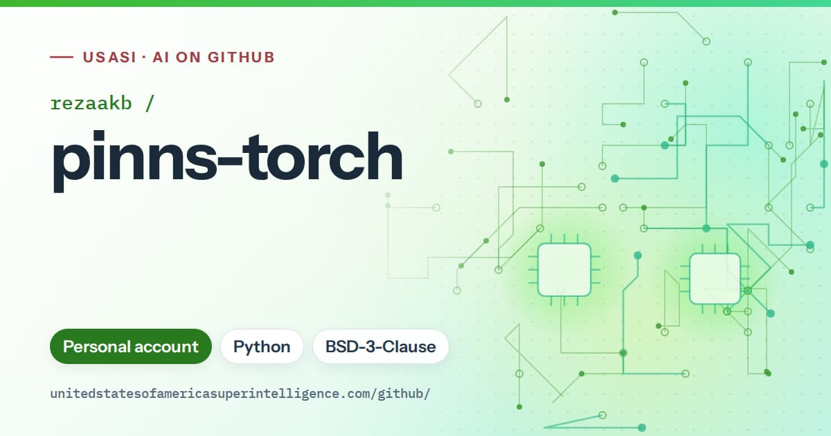Generated green circuit-trace artwork for rezaakb/pinns-torch, labeled USASI · AI on GitHub, with Personal account · Python · BSD-3-Clause.