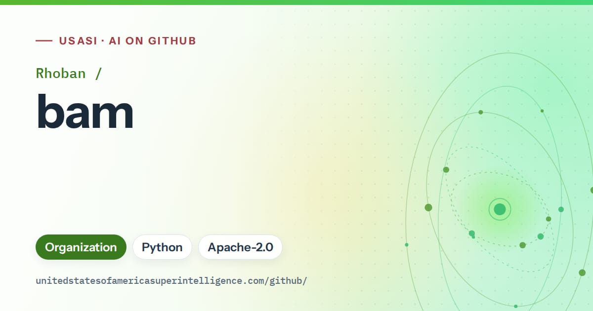 Generated green orbit artwork for Rhoban/bam, labeled USASI · AI on GitHub, with Organization · Python · Apache-2.0.