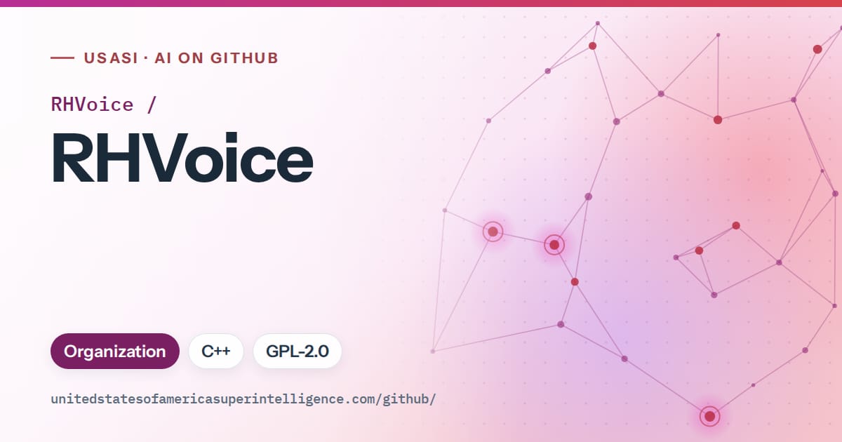 Generated purple constellation network artwork for RHVoice/RHVoice, labeled USASI · AI on GitHub, with Organization · C++ · GPL-2.0.