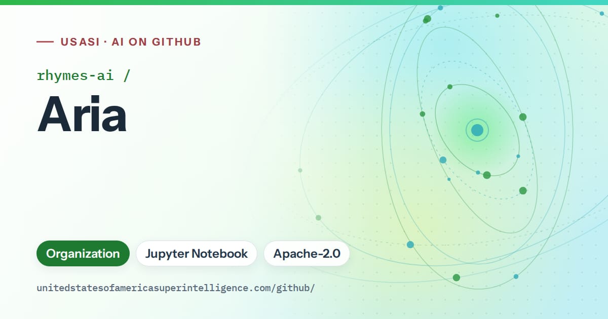 Generated green orbit artwork for rhymes-ai/Aria, labeled USASI · AI on GitHub, with Organization · Jupyter Notebook · Apache-2.0.