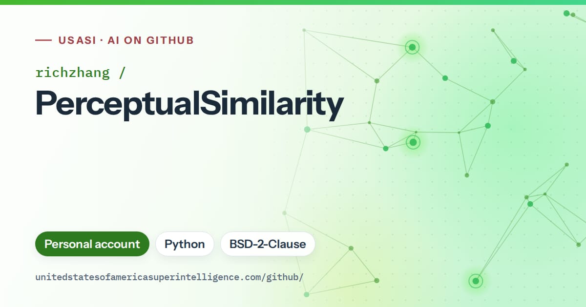 Generated green constellation network artwork for richzhang/PerceptualSimilarity, labeled USASI · AI on GitHub, with Personal account · Python · BSD-2-Clause.