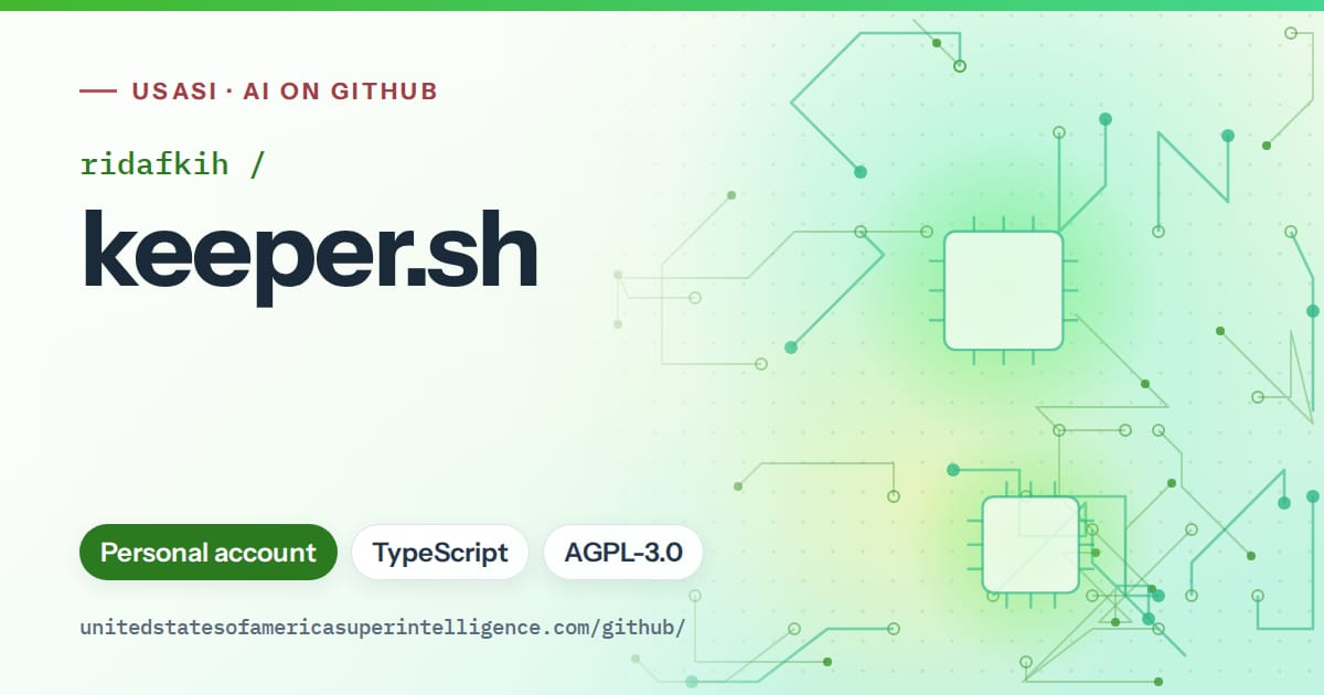 Generated green circuit-trace artwork for ridafkih/keeper.sh, labeled USASI · AI on GitHub, with Personal account · TypeScript · AGPL-3.0.