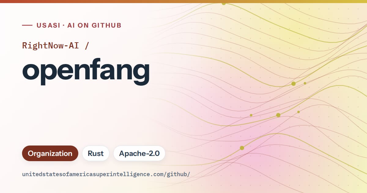 Generated red flowing-wave artwork for RightNow-AI/openfang, labeled USASI · AI on GitHub, with Organization · Rust · Apache-2.0.