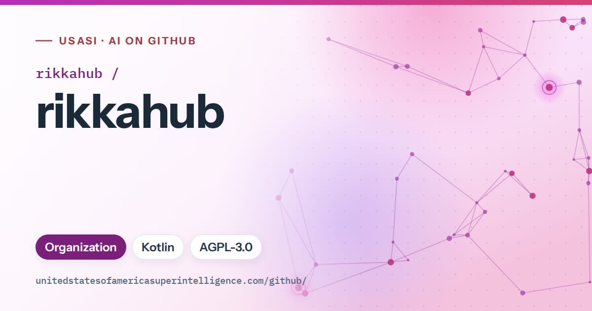 Generated purple constellation network artwork for rikkahub/rikkahub, labeled USASI · AI on GitHub, with Organization · Kotlin · AGPL-3.0.
