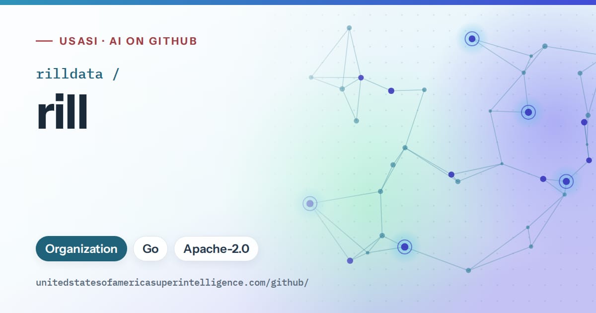 Generated sky blue constellation network artwork for rilldata/rill, labeled USASI · AI on GitHub, with Organization · Go · Apache-2.0.