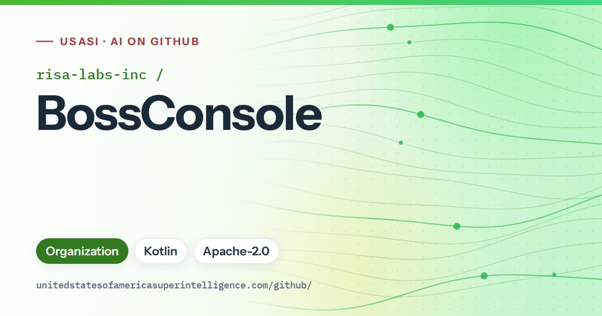 Generated green flowing-wave artwork for risa-labs-inc/BossConsole, labeled USASI · AI on GitHub, with Organization · Kotlin · Apache-2.0.