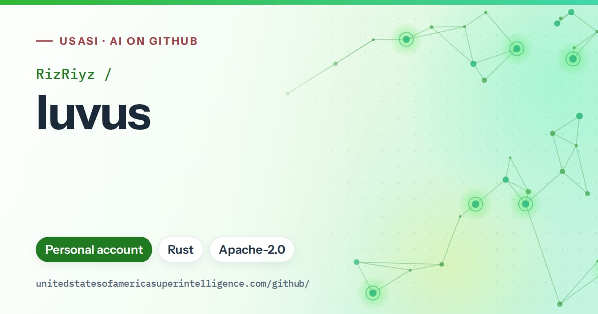 Generated green constellation network artwork for RizRiyz/luvus, labeled USASI · AI on GitHub, with Personal account · Rust · Apache-2.0.