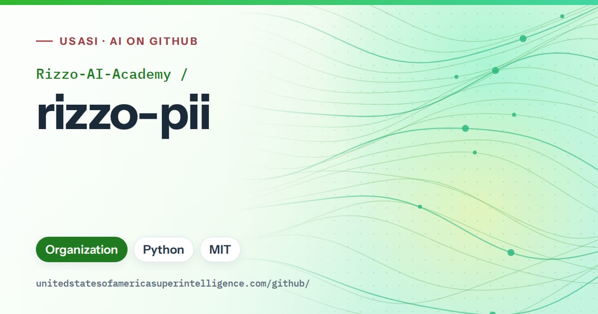 Generated green flowing-wave artwork for Rizzo-AI-Academy/rizzo-pii, labeled USASI · AI on GitHub, with Organization · Python · MIT.