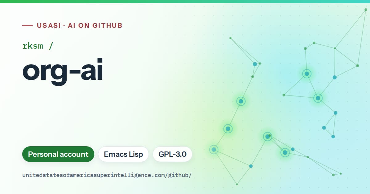 Generated green constellation network artwork for rksm/org-ai, labeled USASI · AI on GitHub, with Personal account · Emacs Lisp · GPL-3.0.