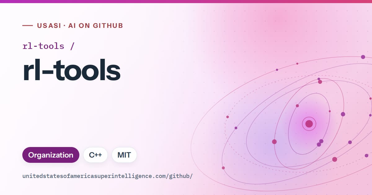 Generated purple orbit artwork for rl-tools/rl-tools, labeled USASI · AI on GitHub, with Organization · C++ · MIT.