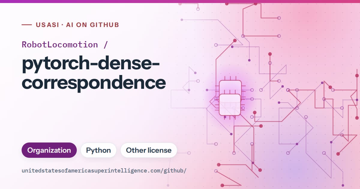 Generated purple circuit-trace artwork for RobotLocomotion/pytorch-dense-correspondence, labeled USASI · AI on GitHub, with Organization · Python · Other license.