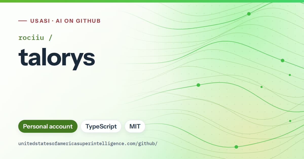 Generated green flowing-wave artwork for rociiu/talorys, labeled USASI · AI on GitHub, with Personal account · TypeScript · MIT.