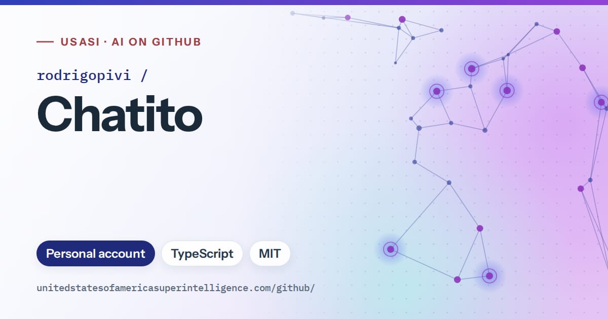 Generated blue constellation network artwork for rodrigopivi/Chatito, labeled USASI · AI on GitHub, with Personal account · TypeScript · MIT.