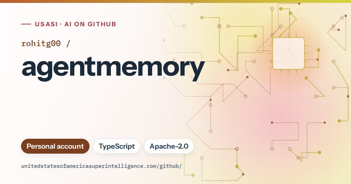 Generated orange circuit-trace artwork for rohitg00/agentmemory, labeled USASI · AI on GitHub, with Personal account · TypeScript · Apache-2.0.