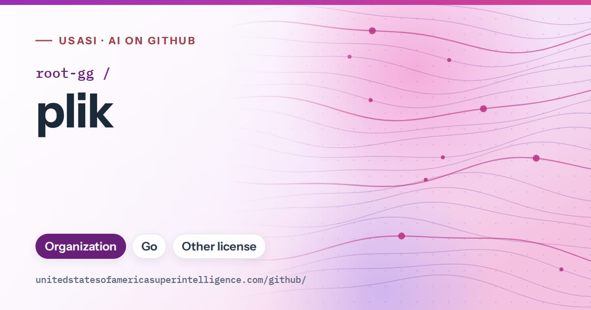 Generated purple flowing-wave artwork for root-gg/plik, labeled USASI · AI on GitHub, with Organization · Go · Other license.