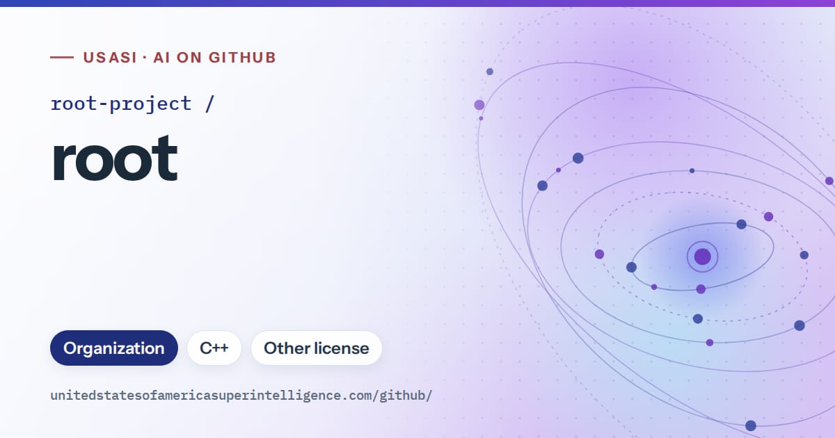 Generated blue orbit artwork for root-project/root, labeled USASI · AI on GitHub, with Organization · C++ · Other license.