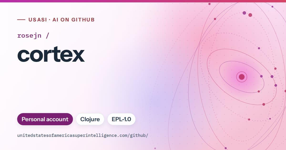 Generated purple orbit artwork for rosejn/cortex, labeled USASI · AI on GitHub, with Personal account · Clojure · EPL-1.0.