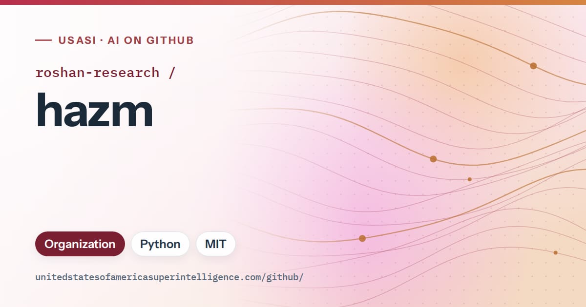 Generated red flowing-wave artwork for roshan-research/hazm, labeled USASI · AI on GitHub, with Organization · Python · MIT.