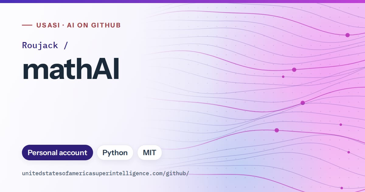 Generated violet flowing-wave artwork for Roujack/mathAI, labeled USASI · AI on GitHub, with Personal account · Python · MIT.