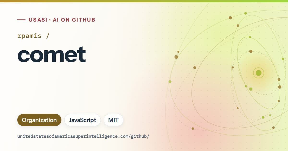 Generated orange orbit artwork for rpamis/comet, labeled USASI · AI on GitHub, with Organization · JavaScript · MIT.