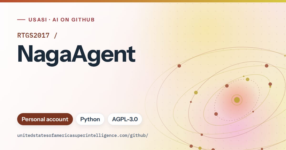 Generated red orbit artwork for RTGS2017/NagaAgent, labeled USASI · AI on GitHub, with Personal account · Python · AGPL-3.0.