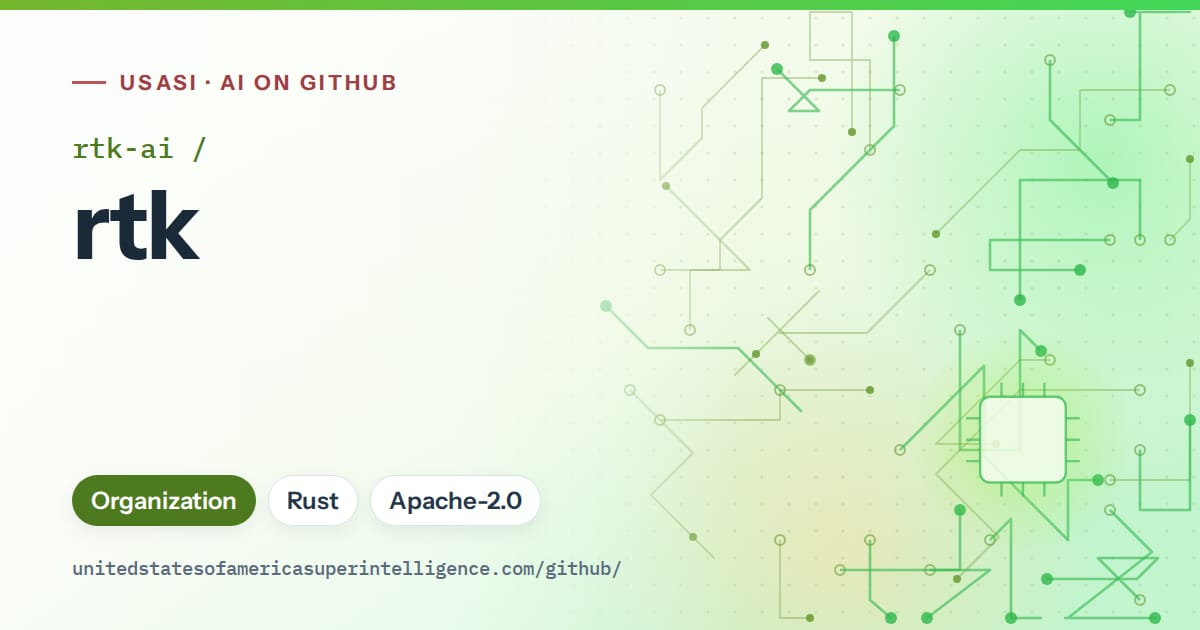 Generated green circuit-trace artwork for rtk-ai/rtk, labeled USASI · AI on GitHub, with Organization · Rust · Apache-2.0.