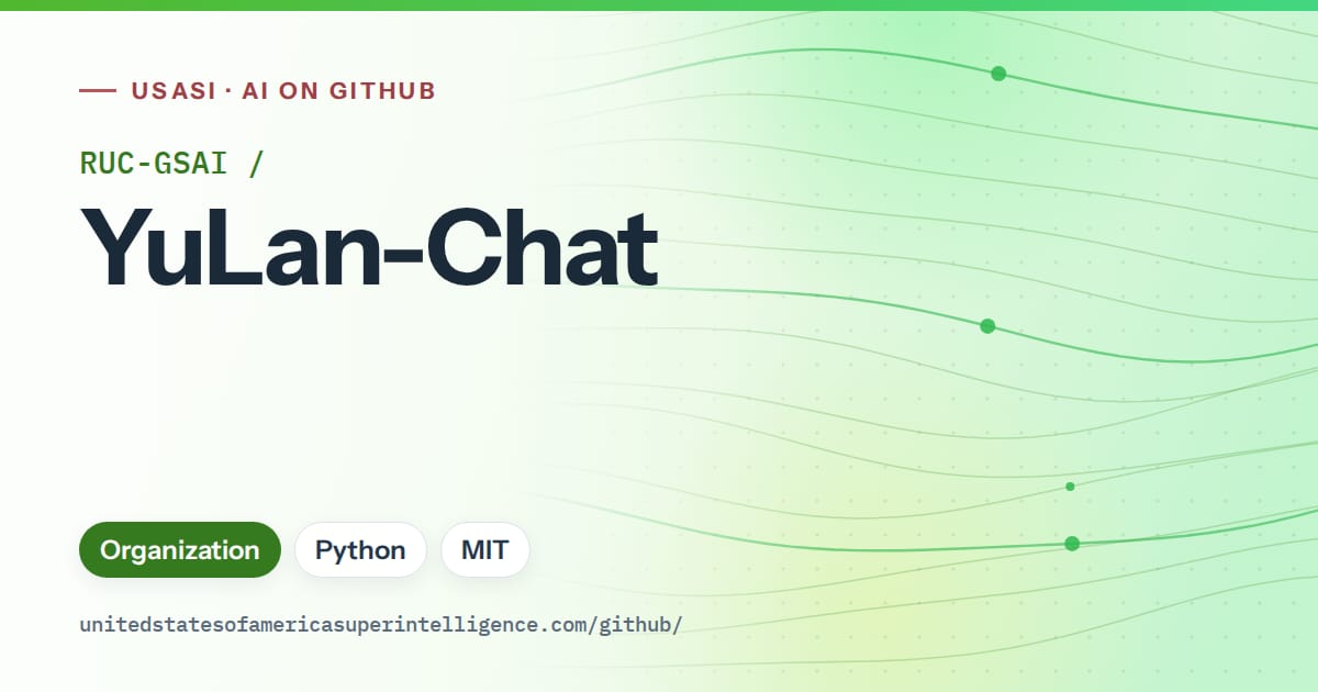 Generated green flowing-wave artwork for RUC-GSAI/YuLan-Chat, labeled USASI · AI on GitHub, with Organization · Python · MIT.