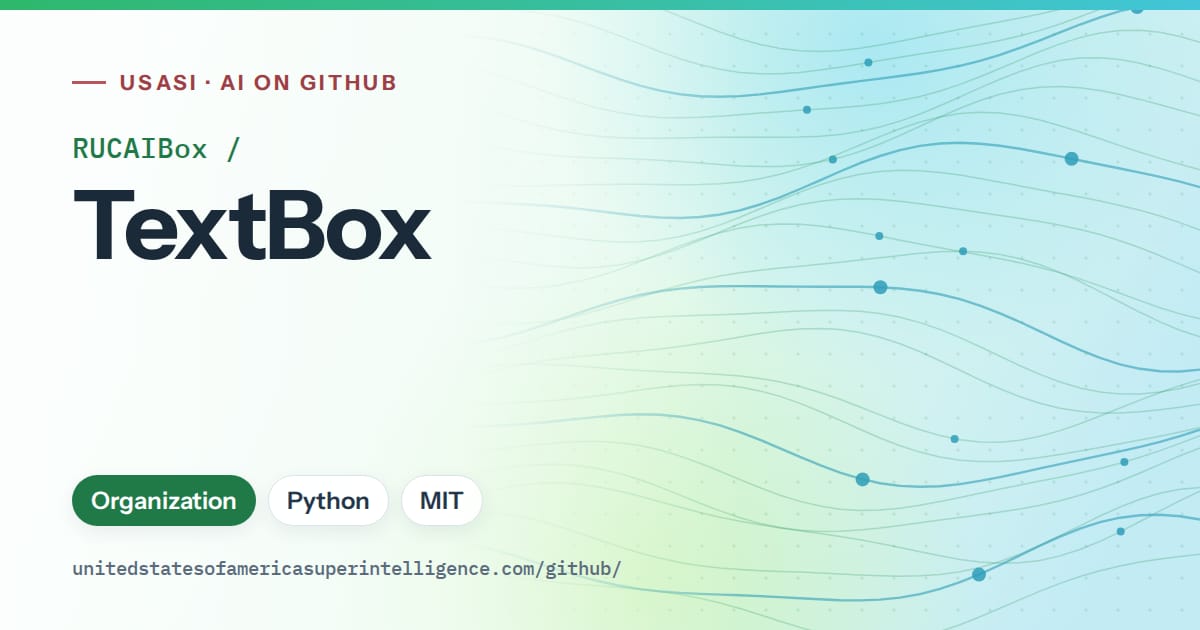 Generated green flowing-wave artwork for RUCAIBox/TextBox, labeled USASI · AI on GitHub, with Organization · Python · MIT.