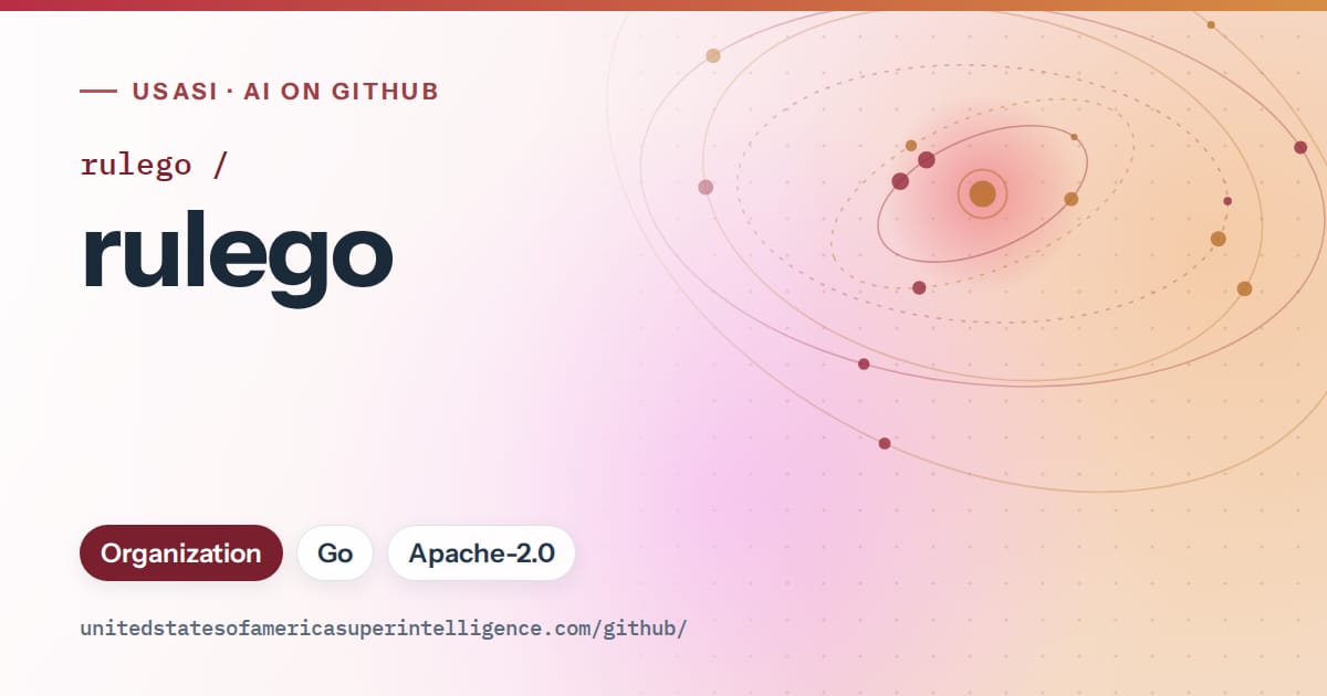 Generated red orbit artwork for rulego/rulego, labeled USASI · AI on GitHub, with Organization · Go · Apache-2.0.