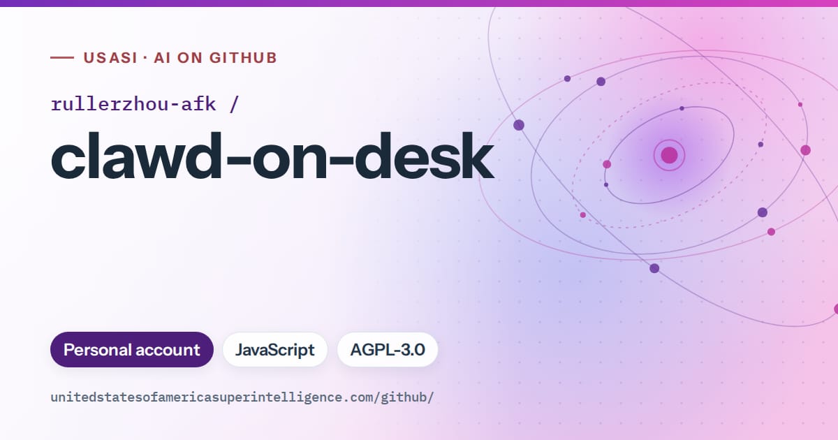 Generated violet orbit artwork for rullerzhou-afk/clawd-on-desk, labeled USASI · AI on GitHub, with Personal account · JavaScript · AGPL-3.0.