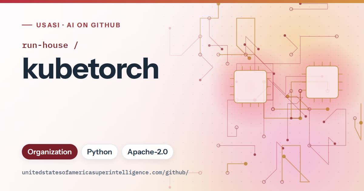 Generated red circuit-trace artwork for run-house/kubetorch, labeled USASI · AI on GitHub, with Organization · Python · Apache-2.0.