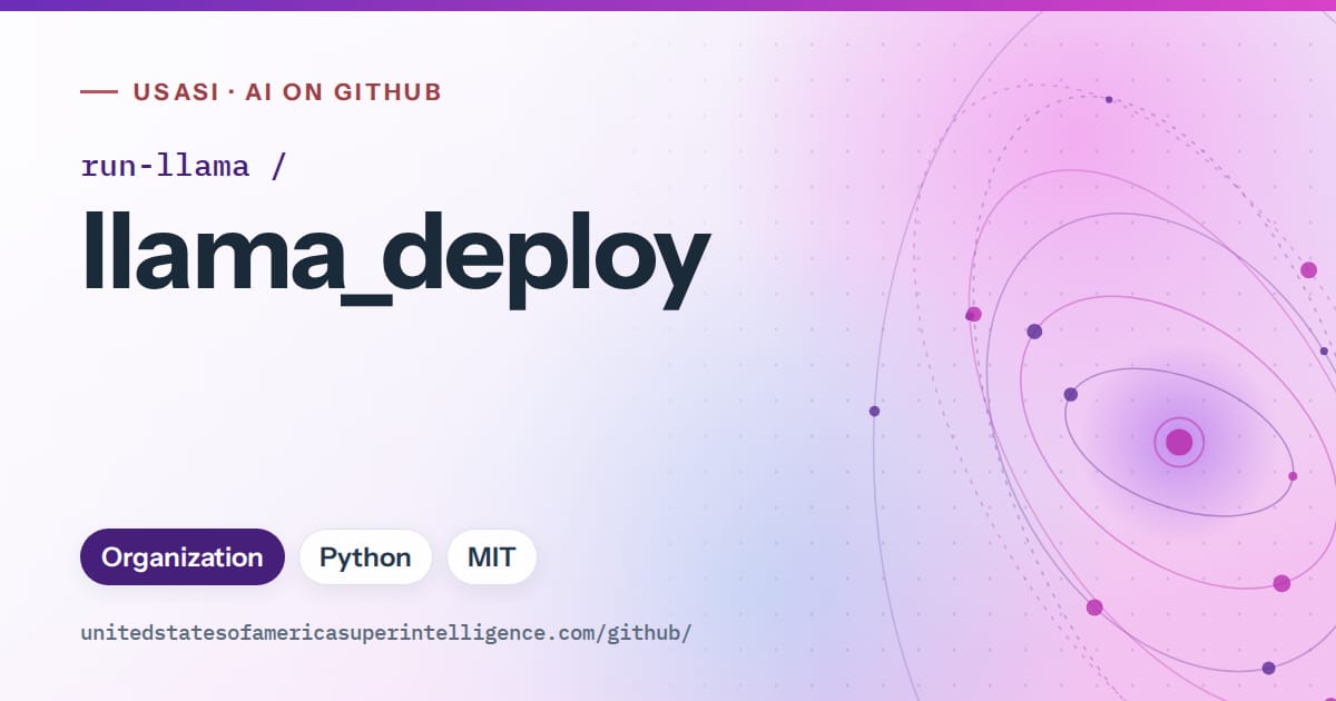 Generated violet orbit artwork for run-llama/llama_deploy, labeled USASI · AI on GitHub, with Organization · Python · MIT.