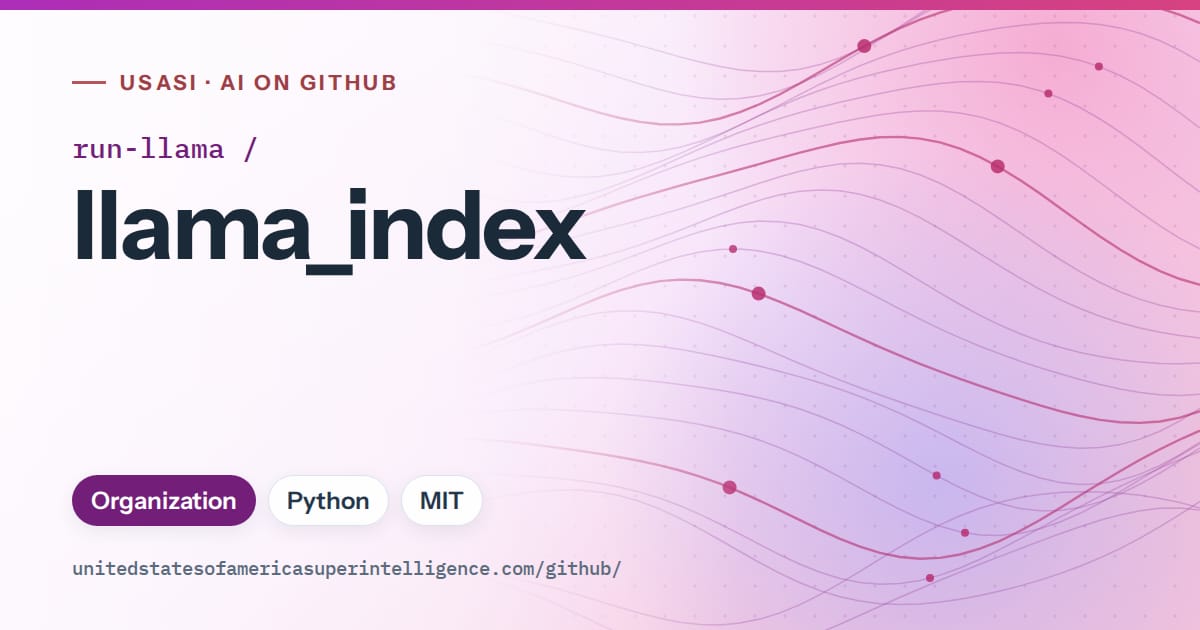 Generated purple flowing-wave artwork for run-llama/llama_index, labeled USASI · AI on GitHub, with Organization · Python · MIT.