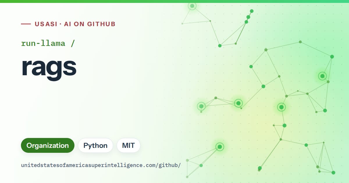 Generated green constellation network artwork for run-llama/rags, labeled USASI · AI on GitHub, with Organization · Python · MIT.