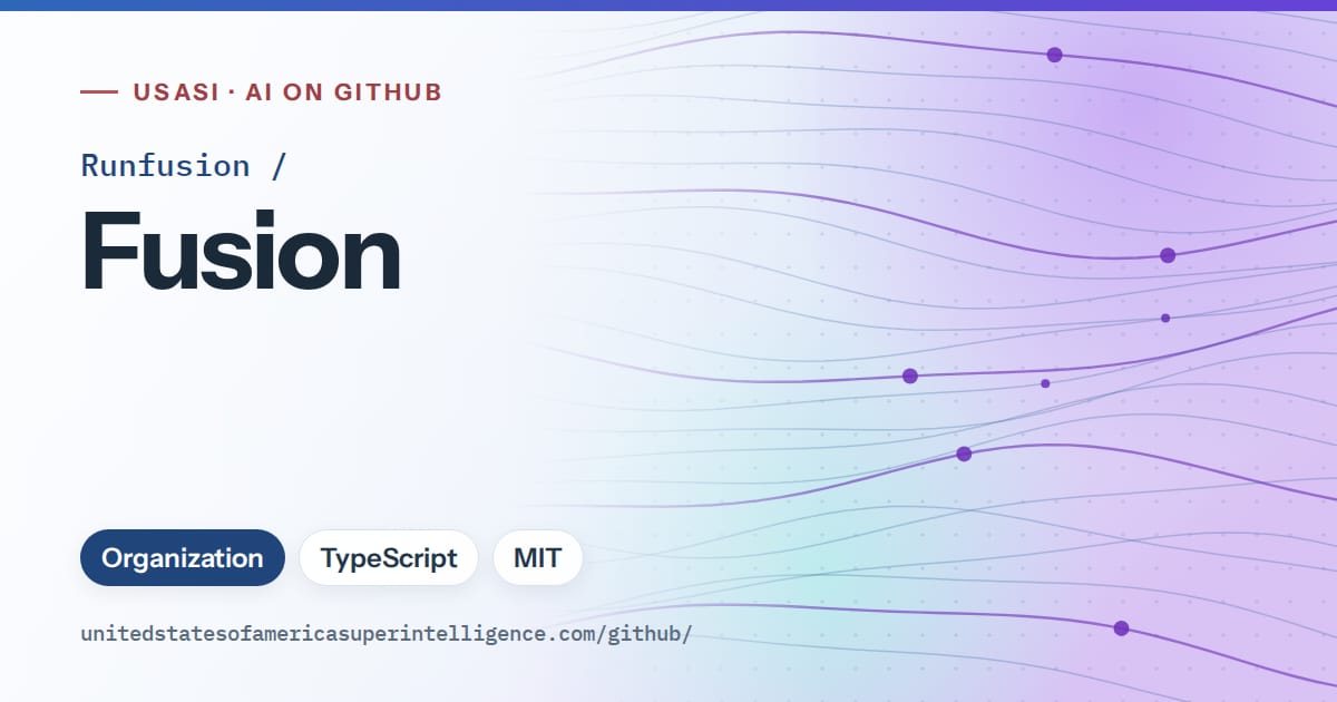 Generated blue flowing-wave artwork for Runfusion/Fusion, labeled USASI · AI on GitHub, with Organization · TypeScript · MIT.