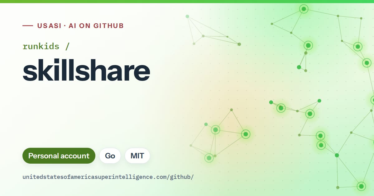 Generated green constellation network artwork for runkids/skillshare, labeled USASI · AI on GitHub, with Personal account · Go · MIT.