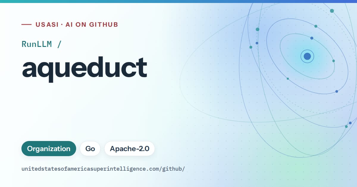 Generated teal orbit artwork for RunLLM/aqueduct, labeled USASI · AI on GitHub, with Organization · Go · Apache-2.0.