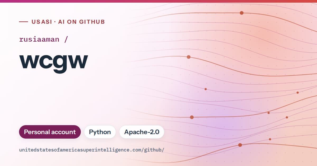 Generated pink flowing-wave artwork for rusiaaman/wcgw, labeled USASI · AI on GitHub, with Personal account · Python · Apache-2.0.