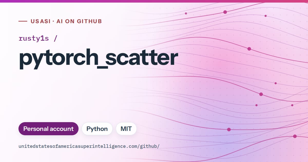 Generated purple flowing-wave artwork for rusty1s/pytorch_scatter, labeled USASI · AI on GitHub, with Personal account · Python · MIT.