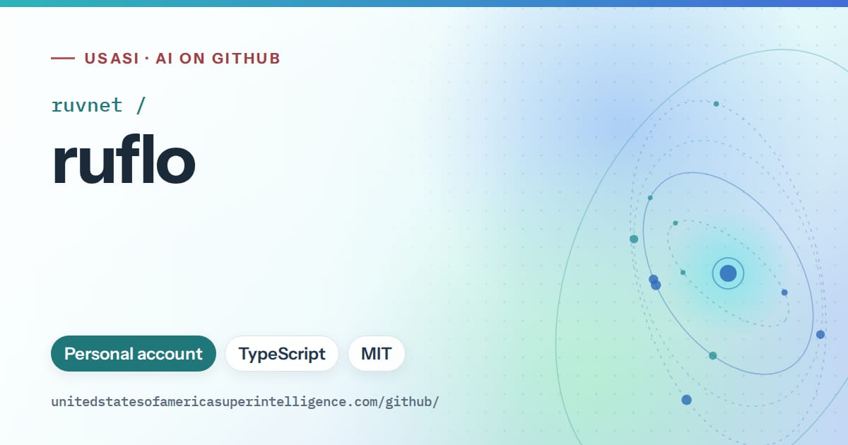 Generated teal orbit artwork for ruvnet/ruflo, labeled USASI · AI on GitHub, with Personal account · TypeScript · MIT.