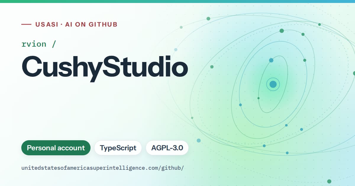 Generated teal orbit artwork for rvion/CushyStudio, labeled USASI · AI on GitHub, with Personal account · TypeScript · AGPL-3.0.