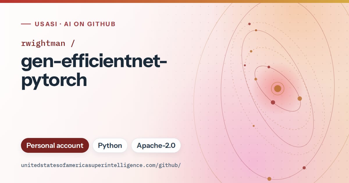 Generated red orbit artwork for rwightman/gen-efficientnet-pytorch, labeled USASI · AI on GitHub, with Personal account · Python · Apache-2.0.
