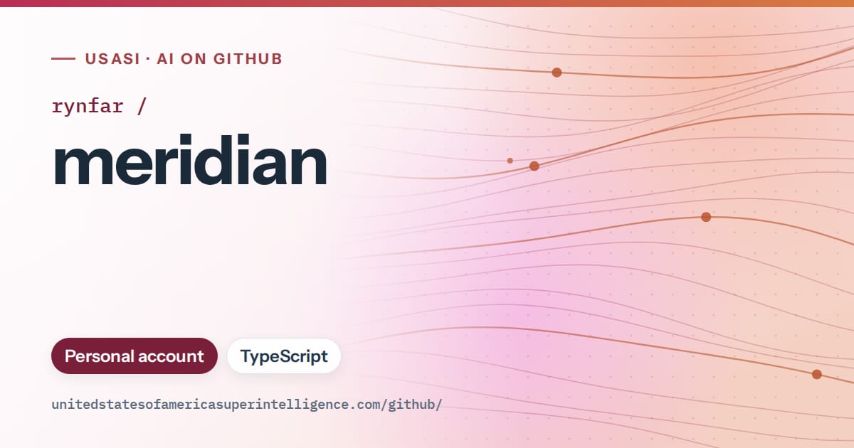Generated pink flowing-wave artwork for rynfar/meridian, labeled USASI · AI on GitHub, with Personal account · TypeScript.